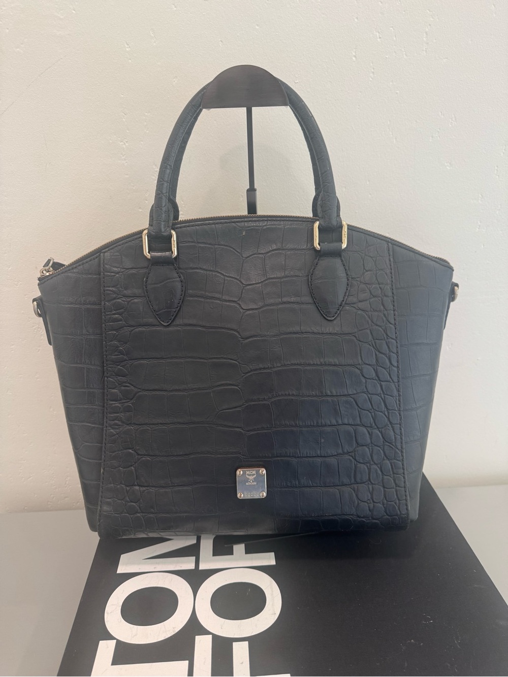 MCM Black Croc-Embossed Satchel with Top Handles